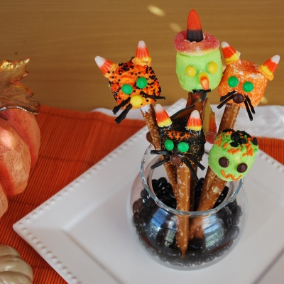 Halloween cat, witch and Frankenstein pretzels