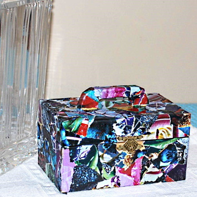 Decoupage Box with magazine pieces.