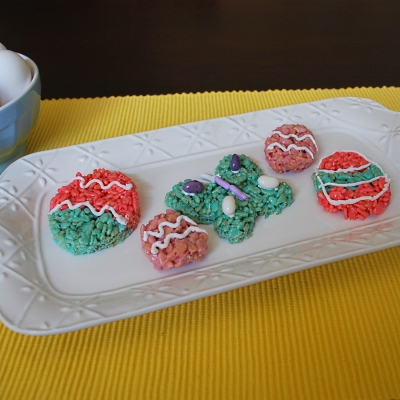 Make these cute Easter Rice Krispie treats cut into cute shapes with cookie cutters and decorated with icing.