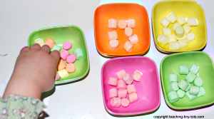 sorting marshmallows by color