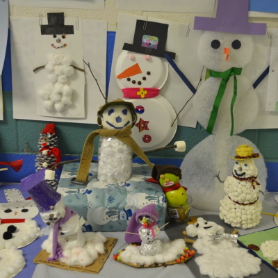 Create a snowman with materials of your choice for a classroom of snowmen.