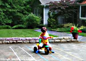 Ride on the chalk highway and reinforce following directions, building coordination and learning colors.