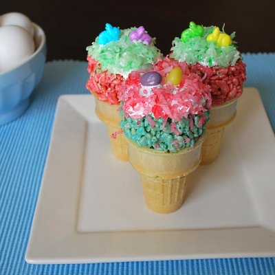 Make these cute Easter 
ice cream" cones filled with colored rice krispie treats.