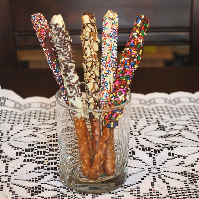 Festive pretzels with nuts and sprinkles