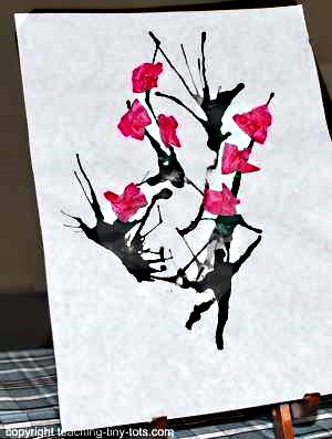 Peach Blossom Art with Black Ink and Tissue